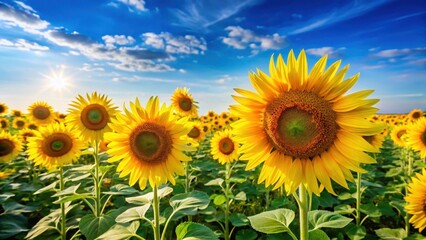 Obraz premium Field of bright yellow sunflowers under a clear blue sky, with delicate petals and lush green stems , nature