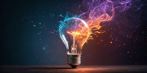 Creative concept of an illuminated light bulb with magical energy sparks symbolizing innovation, creativity, brainstorming, and futuristic ideas