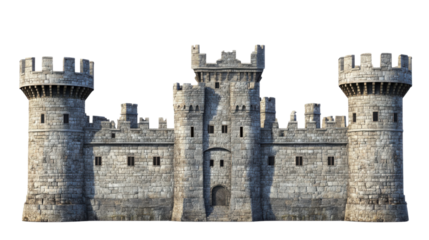 Medieval stone castle with multiple watchtower isolated on white background 