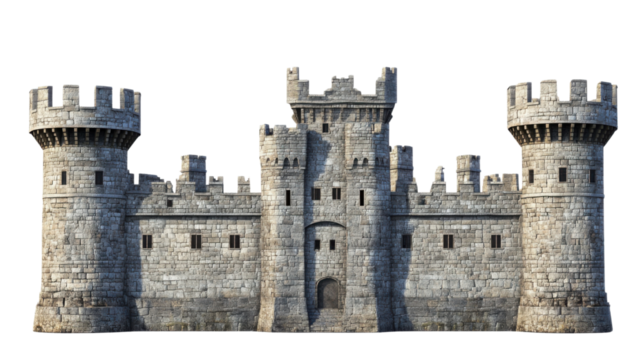 Medieval stone castle with multiple watchtower isolated on white background 