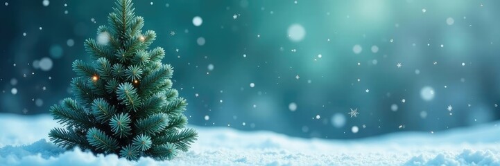 Majestic green fluffy Christmas tree against a snowy backdrop, snow, winter wonderland, frost