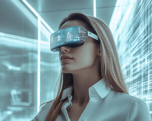 Virtual reality experience modern office image of woman high-tech environment close-up view innovation and technology