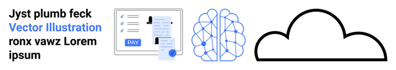 Payment transaction screen, neural network brain, and abstract cloud. Ideal for tech innovation, finance, AI systems, cloud computing, automation data exchange future trends. Abstract line flat