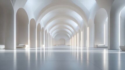 A legislative hall with rounded columns and soft lighting. Featuring harmony and sophistication