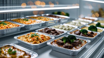 Assorted takeout containers filled with pasta, beef stew and broccoli, and other savory meals on display.