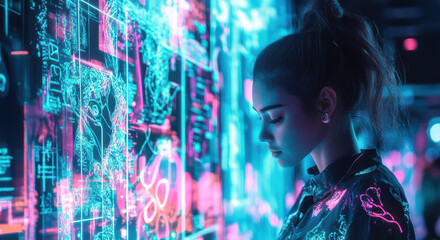 Naklejka premium Digital interaction futuristic urban space portrait neon environment side view technology concept