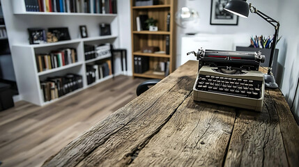 A typewriter sits on a wooden desk in a room with a lot of books. generated using AI
