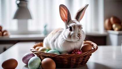 Cute Easter bunny sitting on kitchen table, looking for easter eggs. Concept of holiday and spring traditions.
