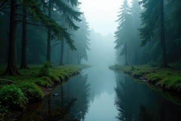 Obraz premium River flows through a misty forest clearing with tall trees on either side, riverside, fog