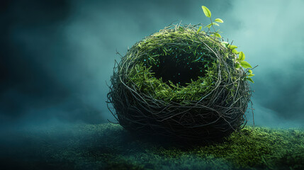 A spherical nest of tangled branches and lush greenery, bioluminescent fungi glowing within, evoking a mystical forest atmosphere