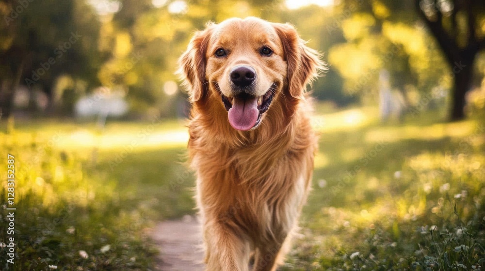 Poster happy golden retriever walking on a sunny path in a park during late afternoon. generative ai