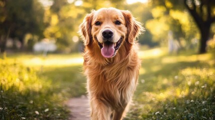 Happy golden retriever walking on a sunny path in a park during late afternoon. Generative AI
