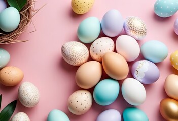 Colored Easter eggs on pink background. Happy Easter template, banner. AI generated.
