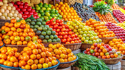 Fresh oranges stacked neatly on a vibrant market stall, surrounded by colorful produce.