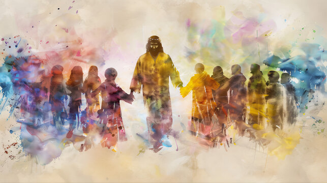 Nativity silhouette of Jesus walks along with little children in peaceful scene. Jesus welcome and hold little children' discipleship watercolor vector illustration. 