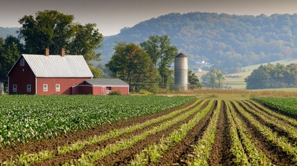Serene Rural Landscape: Red Barn, Farmland, and Distant Mountains