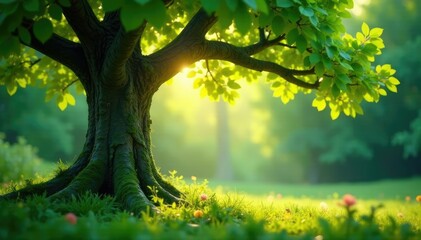 Fototapeta premium Soft light peeks through branches of a whimsical tree, nature, leaves, greenery