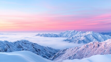 Fototapeta premium Snow-covered mountain peaks rise above a thick sea of clouds under a vibrant pink and purple sunset sky.