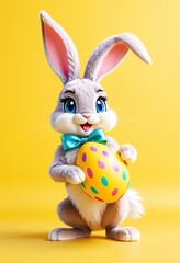 cartoon style Easter bunny and decorated eggs, egg hunting concept, spring holiday.