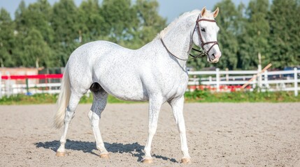Obraz premium Dapple grey horse in equestrian arena