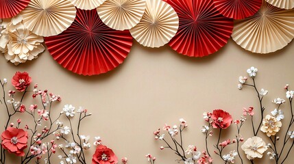Elegant paper fans display in red and cream with floral accents, perfect for Lunar New Year designs, festive invitations, and artistic backgrounds. Copy space included.
