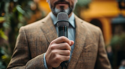a professional business speaker standing on stage holding a microphone confidently delivering an engaging lecture at a leadership event with strong communication and presentation skills