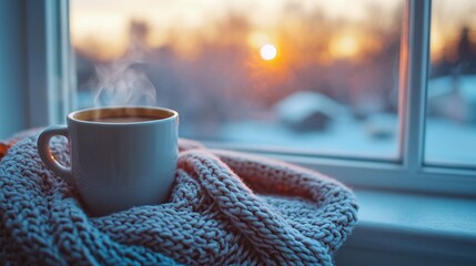 warm holiday atmosphere with a cup of hot coffee on a windowsill wrapped in a cozy scarf while enjoying the snowy winter nature and home comfort in a rustic setting