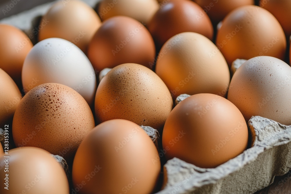 Aufkleber Fresh eggs of various shades packed in a carton on a wooden surface in a kitchen setting. Generative AI