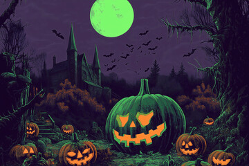 Fototapeta premium Spooky Halloween Pumpkin Patch Under the Glow of a Full Moon: A chilling Halloween scene with carved pumpkins, silhouettes of bats, and a gothic castle under a neon green full moon.
