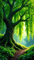 Fototapeta premium Underneath a sprawling willow tree leaves rustle in the gentle breeze carrying scents of damp earth and decay, forest floor, mossy, undergrowth