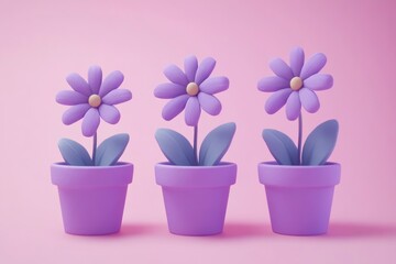 3D render of three purple flowers in pots on a pink background. Decorative flowers, Home gardening and Eco-friendly home Concept