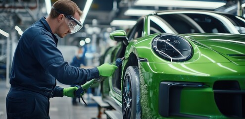 Auto Body Shop: Expertly Applying Protective Coating to a Sleek Green Vehicle with Precision