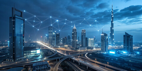 Futuristic cityscape at night with illuminated skyscrapers, highways, and modern infrastructure representing business, finance, and urban development