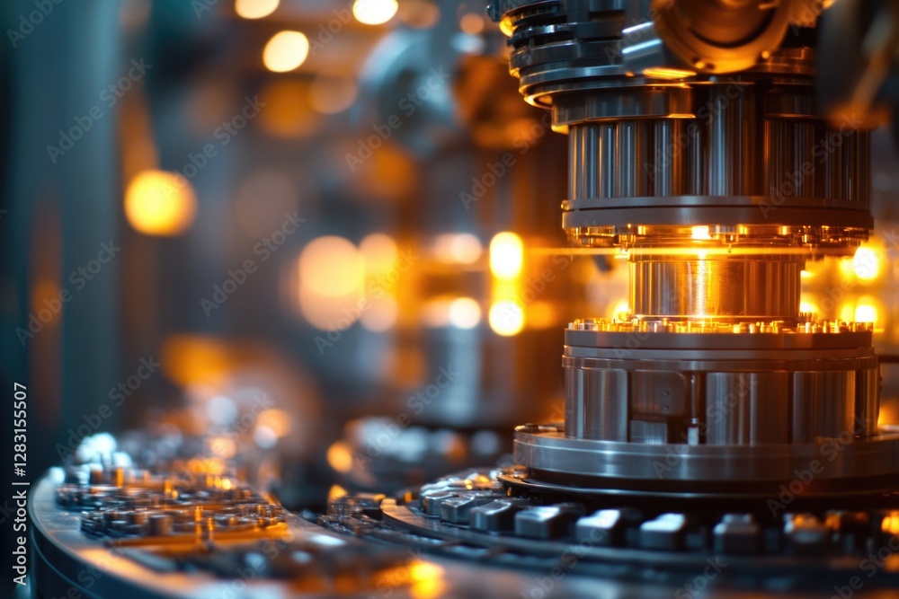 Aufkleber a close-up view of a machine in a busy factory setting, suitable for industrial or manufacturing-rel