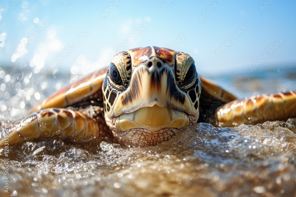 Poster a close-up view of a turtle on the beach