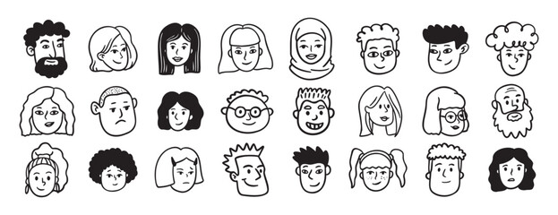 Faces people different avatars doodle hand drawn icon set. Outline drawing head people line clipart symbol collection