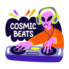 A flat sticker of alien with cosmic beats typography