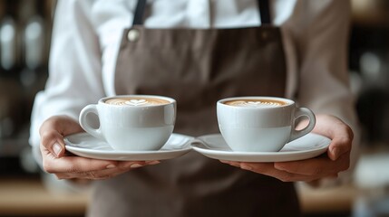 cafe barista in apron uniform holding tray with two coffee cups as waiter serving beverage order for client in professional restaurant job