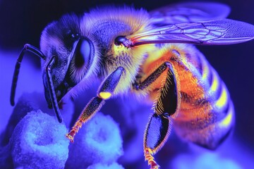A close-up view of a bee collecting nectar from a flower