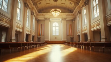 Obraz premium A legislative hall with rows of benches and an empty podium. Featuring an air of governance and lawmaking