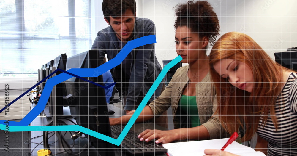 Poster image of financial data processing over diverse colleagues using computers in office
