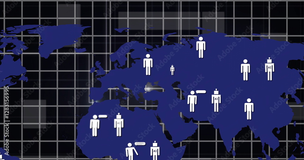 Poster image of digital data processing and connections with ai chatbot icons over world map
