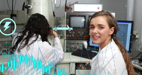 Image of financial data processing over diverse female scientists using microscope in office