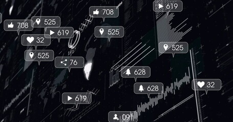 Image of media icons over data processing and globe