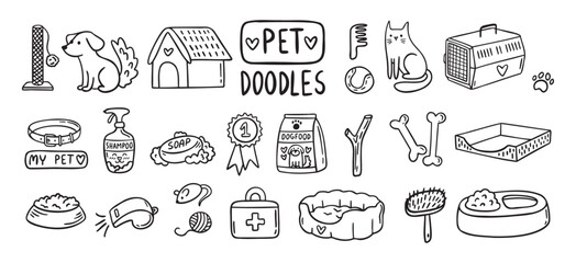 Fototapeta na wymiar Pet Cat and Dog doodle hand drawn set elements. Pet stuff drawing isolated icons