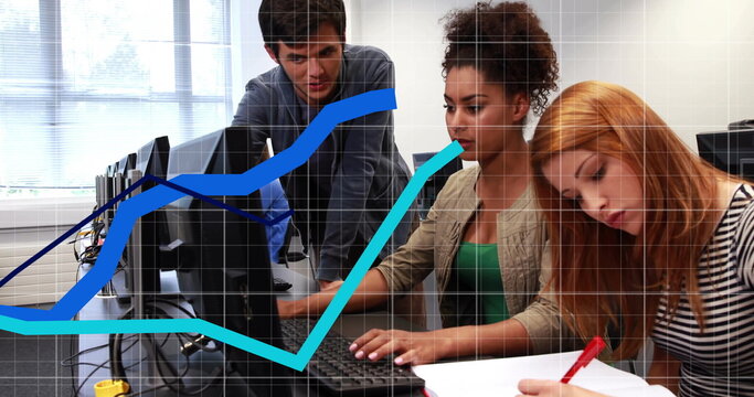 Image of financial data processing over diverse colleagues using computers in office