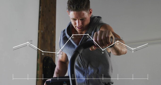 Image of data processing over caucasian man exercising at gym