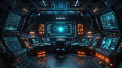 Fototapeta premium Futuristic spaceship cockpit, monitoring console, glowing interface