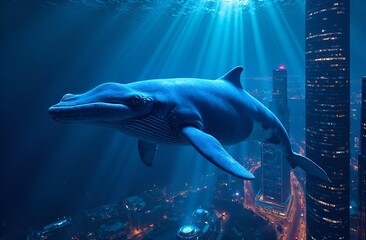 Fanatstic Frontier concept. Blue Whale swim over the modern city. Big Whale and Skyscaper. Futuristic city background for web banner poster. Wall decor. 