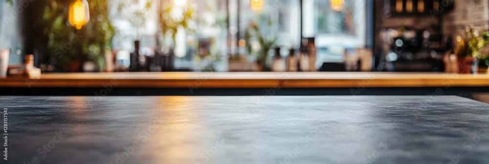 Aufkleber coffee shop interior showcasing a stylish counter with warm lighting and greenery in the background 